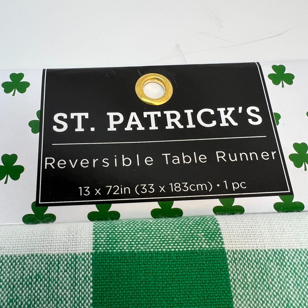 St Patrick's Day Double Sided Reversible Green White Table Runner Two 13x72 NWT - Picture 6 of 13